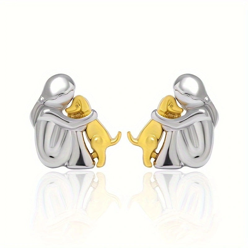 A little girl and a dog embrace earrings
