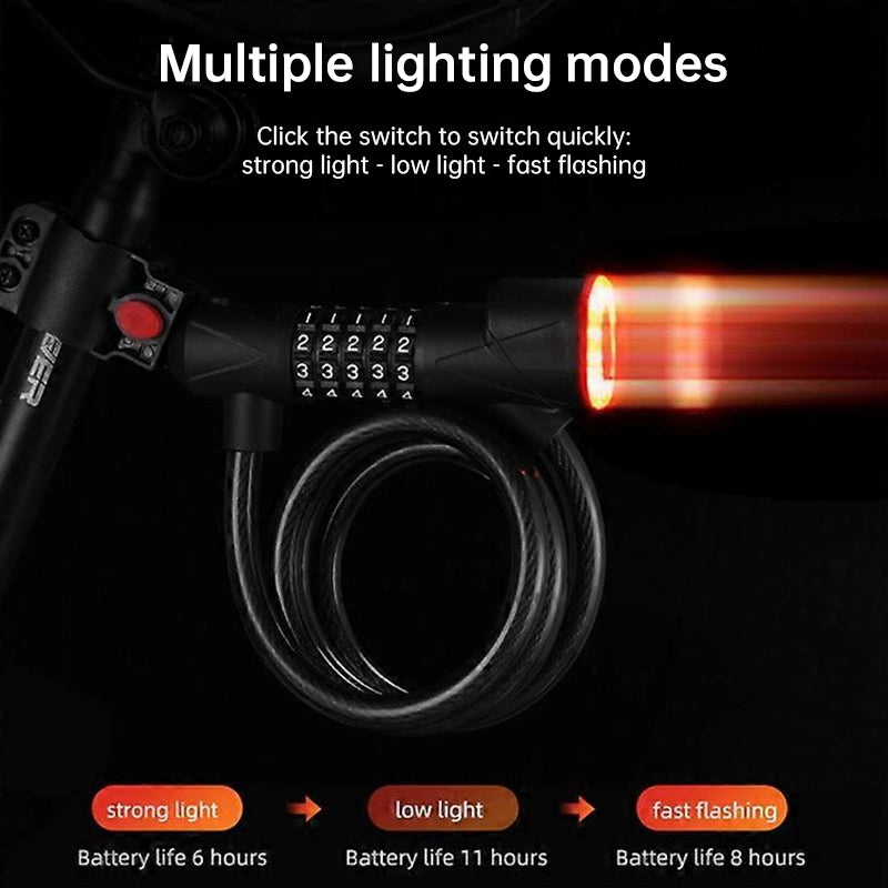 5-Digit Password Bike Lock with Safety Tail Light - Anti-Theft Steel Cable Chain Lock, Bicycle Security Accessory