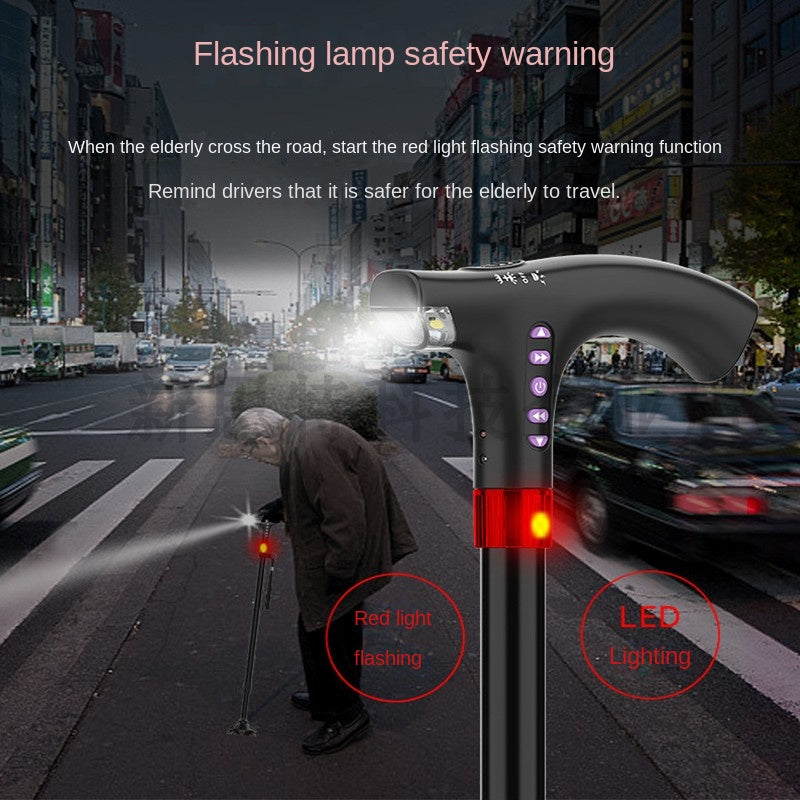 Walking Stick for Seniors - Multi-functional LED Light, Alarm, Radio, Adjustable Smart Cane with Handle