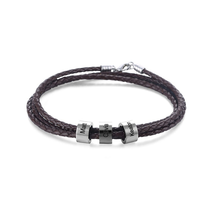 Men's Leather Braided Bracelet Multilayer Making DIY Letters Titanium Steel Beads Engravable Name Bracelet Gift