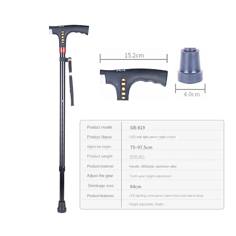 Walking Stick for Seniors - Multi-functional LED Light, Alarm, Radio, Adjustable Smart Cane with Handle