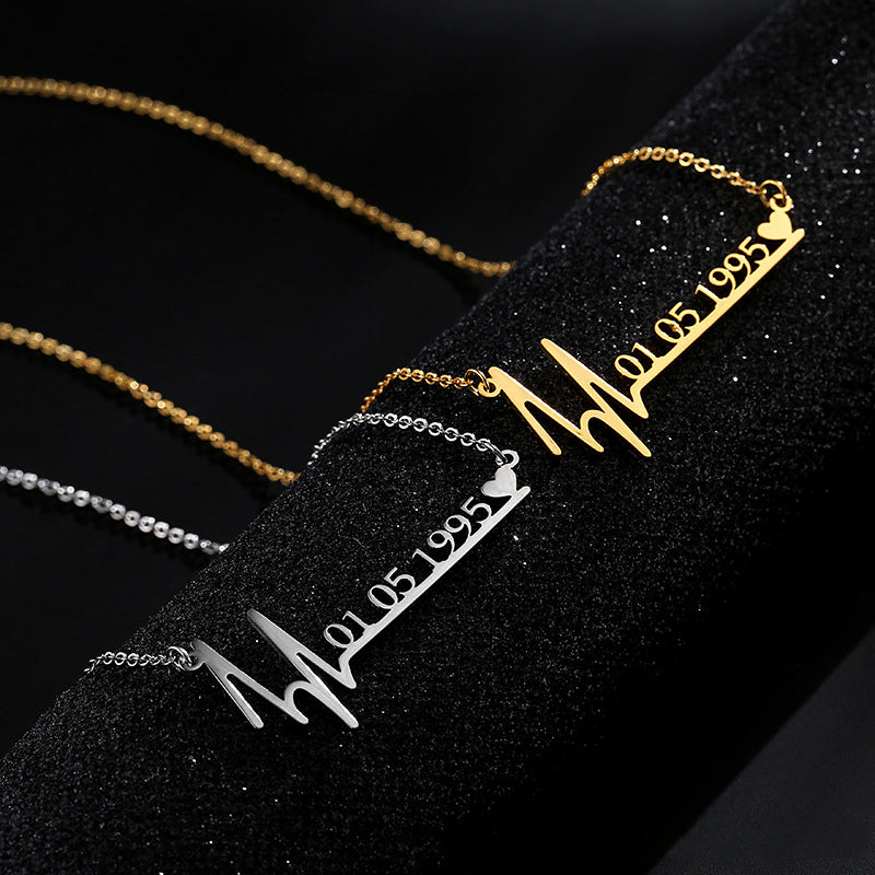 45cm  Custom Name Heartbeat Date Necklace Stainless Steel Jewelry Birthday Gift for Wife Lucky Numbers Pendant Necklace Women Chokers