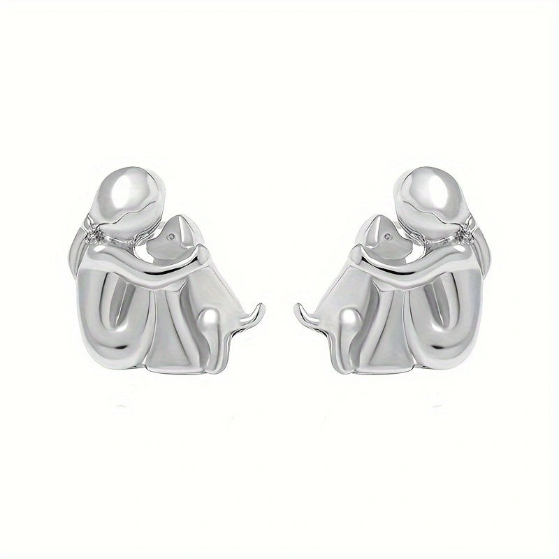 A little girl and a dog embrace earrings